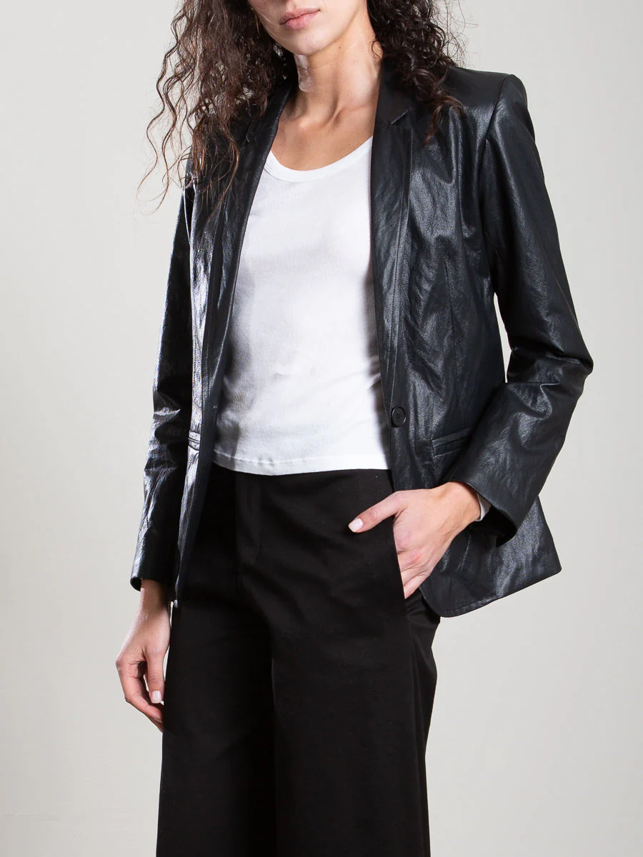 Cyrus Blazer in Faux Leather - Black - Image 3