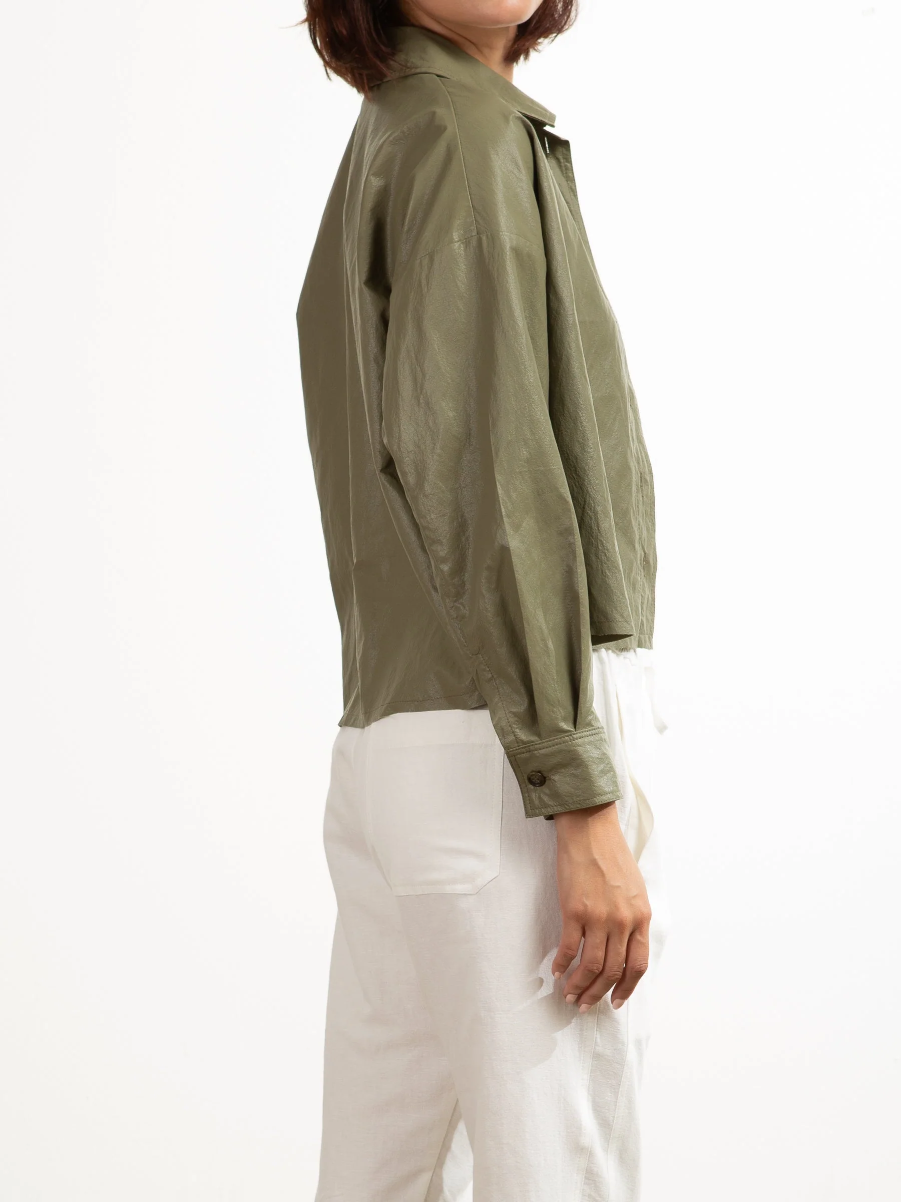 Esme Crop Shirt in Faux Leather - Army - Image 3