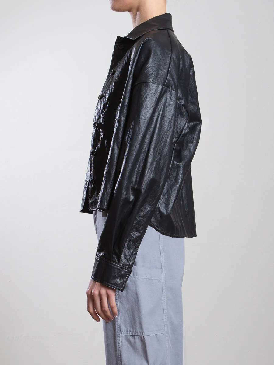 Esme Crop Shirt in Faux Leather - Black - Image 3