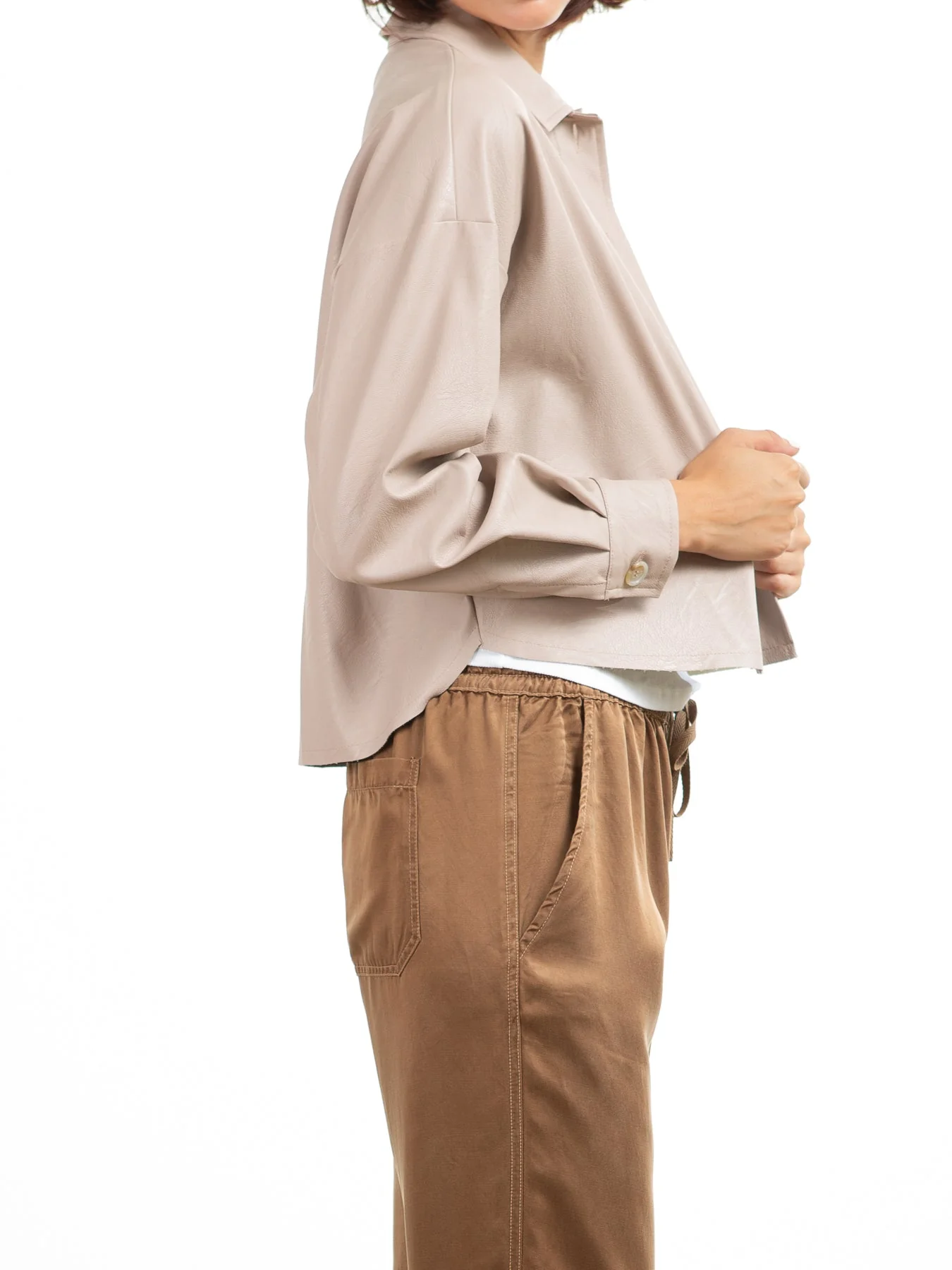 Esme Crop Shirt in Vegan Leather - Nude - Image 4