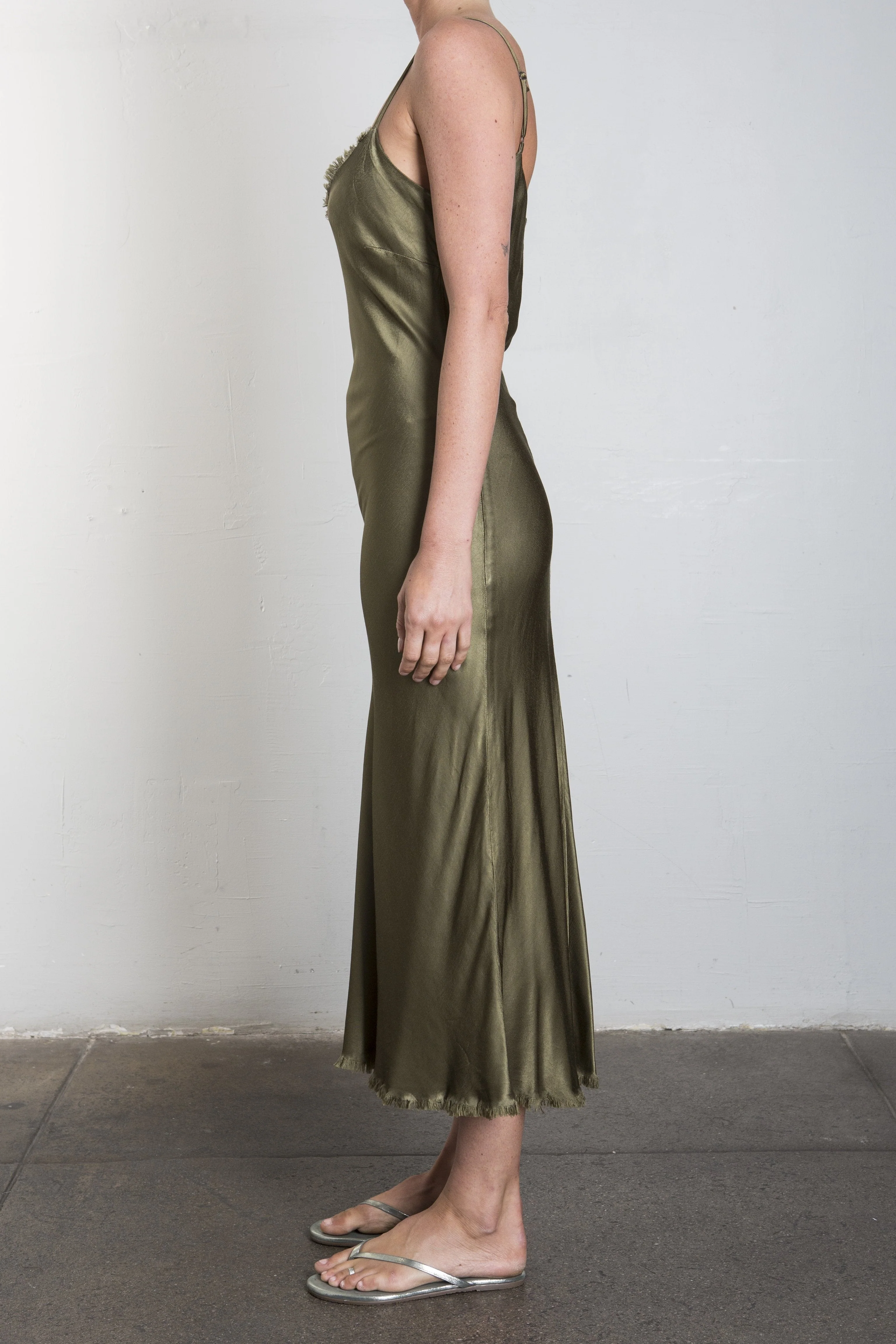 Farrah Slip Dress in Vintage Satin - Olive - Image 3