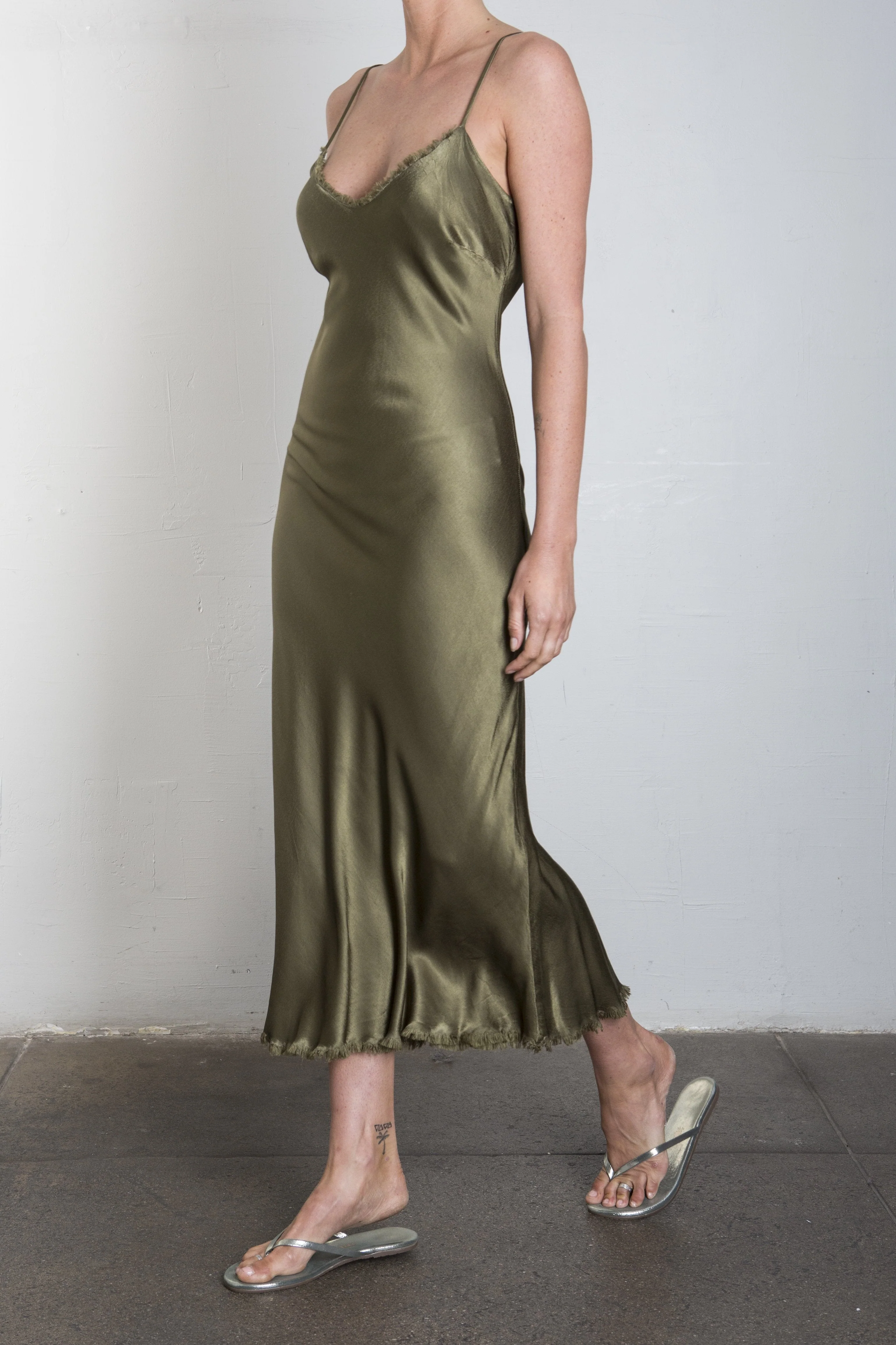 Farrah Slip Dress in Vintage Satin - Olive - Image 4